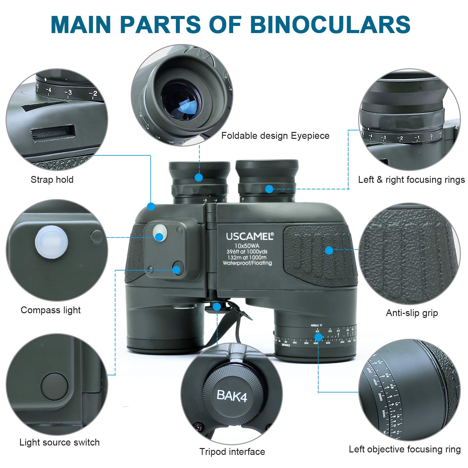 Uscamel 10X50 Marine Binoculars For Adults With Rangefinder Compass, Waterproof Marine Binoculars For Sailing Boating Fishing